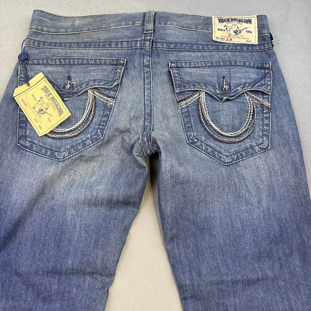 True Religion JEANS 36 Slim Fit Straight Blue Denim Flap Pockets Logo Button NWT